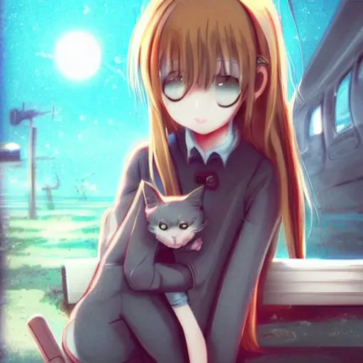 Image similar to sad anime girl with her one little kitty sitting at an abandoned train station with a nuclear bomb destroying all buildings at the distance yumei art, Artstation, pinterest 8k hyper-detailed