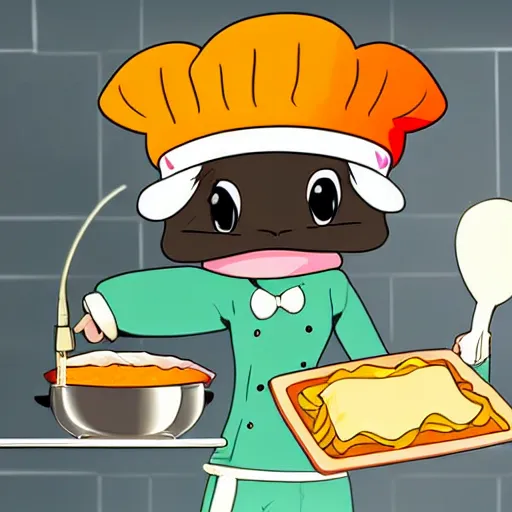 Image similar to anime style cute platypus on a kitchen wearing a chef hat and holding a lasagna into an oven, anime style, 3 d, chibi style, kawaii