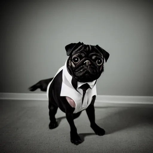 Prompt: pug in a suit, studio photography, canon r 6, cinematic light