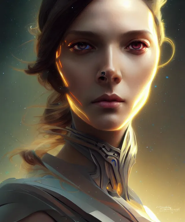 Image similar to futuristic young woman portrait, sci-fi, amber eyes, face, long hair, fantasy, intricate, elegant, highly detailed, digital painting, artstation, concept art, smooth, sharp focus, illustration, art by artgerm and greg rutkowski and alphonse mucha