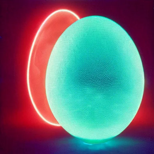 Prompt: annie liebowitz portrait of a plasma energy tron dinosaur egg, made up of glowing electric polygons. cinestill