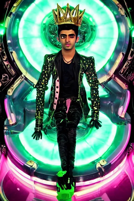 Image similar to full-body rococo and cyberpunk style neon statue of a young attractive Zayn Malik macho dotado e rico android sim roupa reclining con las piernas abertas e la piroca dura, glowing mint laser eyes, golden prince crown, black steampunk gears, pink diamonds, swirling mint-colored silk fabric. futuristic elements. black dripping tar. full-length view. space robots. human skulls. intricate artwork by caravaggio. Trending on artstation, octane render, cinematic lighting from the right, hyper realism, octane render, 8k, depth of field, 3D