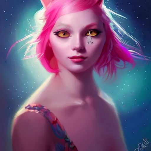 Image similar to colorful and festive cat with pink hair,. rich vivid colors, ambient lighting, dynamic lighting, 4 k, atmospheric lighting, painted, intricate, highly detailed by charlie bowater