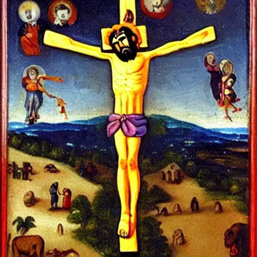 Prompt: tony the tiger crucified along with captain crunch on the cross next to Jesus Christ, oil painting by Juan de Flandes