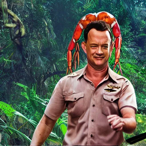 Image similar to Tom Hanks as forrest gump riding a giant shrimp in the jungle, realistic digital painting, photoreailstic, realistic face, amazing detail, sharp