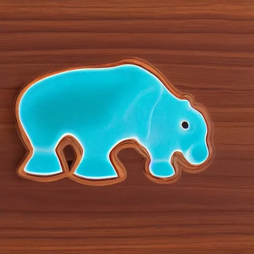 Image similar to a smooth glossy acrylic hippopotamus made of woodgrain and teal blue ceramic, hd photograph