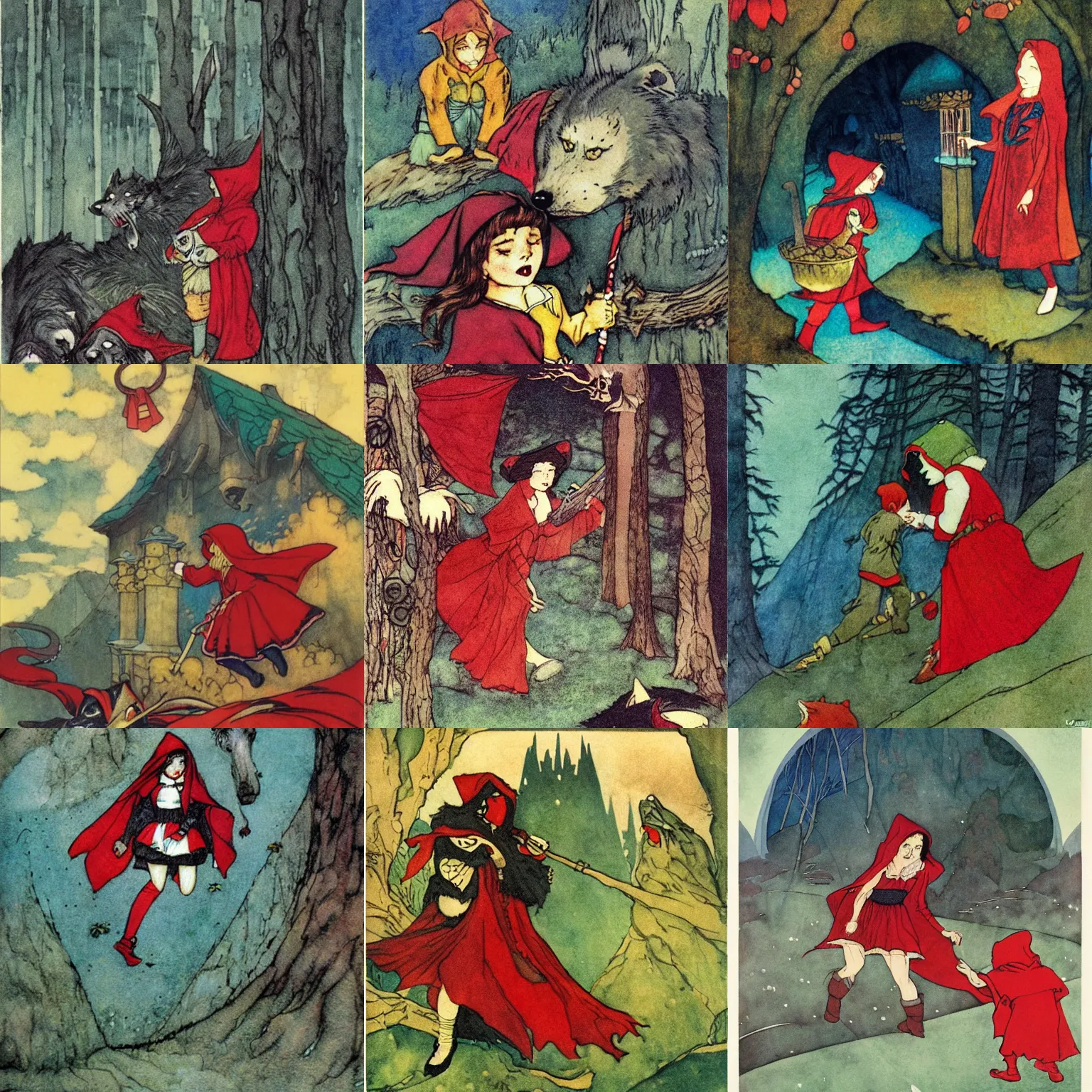Prompt: Little Red Riding Hood and the Big Bad Wolf team up for a heist, fantasy splash art by Edmund Dulac