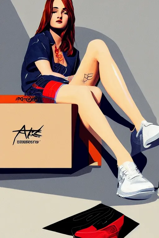 Prompt: a ultradetailed painting of a stylish woman sitting on a pile of sneaker boxes trending on artstation