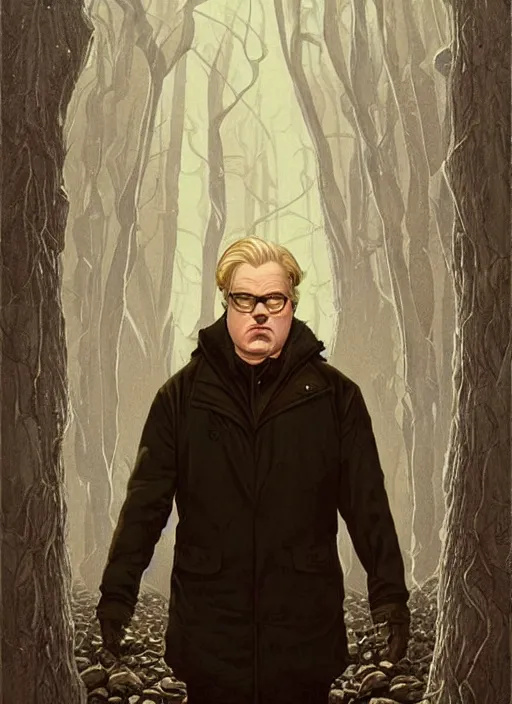 Image similar to poster artwork by Michael Whelan and Tomer Hanuka, Karol Bak of Philip Seymour Hoffman, from scene from Twin Peaks, clean