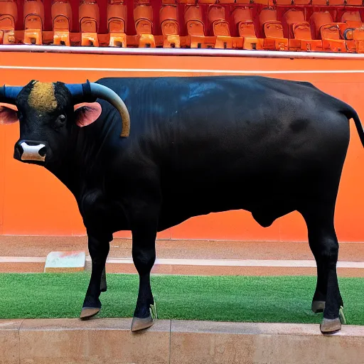 Image similar to bull wearing orange inmate clothes in a bullring stadium in pamplona