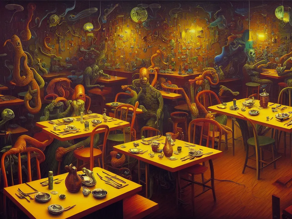 Image similar to hyper detailed 3d render like a Oil painting - diner at the end of the universe by Jacek Yerka, Mariusz Lewandowski, Houdini algorithmic generative render, Abstract brush strokes, Masterpiece, Edward Hopper and James Gilleard, Zdzislaw Beksinski, Mark Ryden, Wolfgang Lettl, hints of Yayoi Kasuma, octane render, 8k