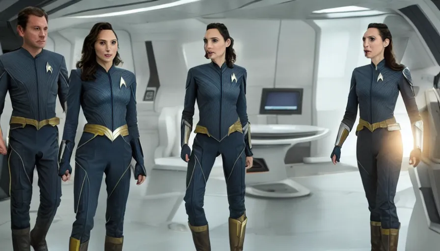 Image similar to Gal Gadot, in full starfleet uniform, is the captain of the starship Enterprise in the new Star Trek movie