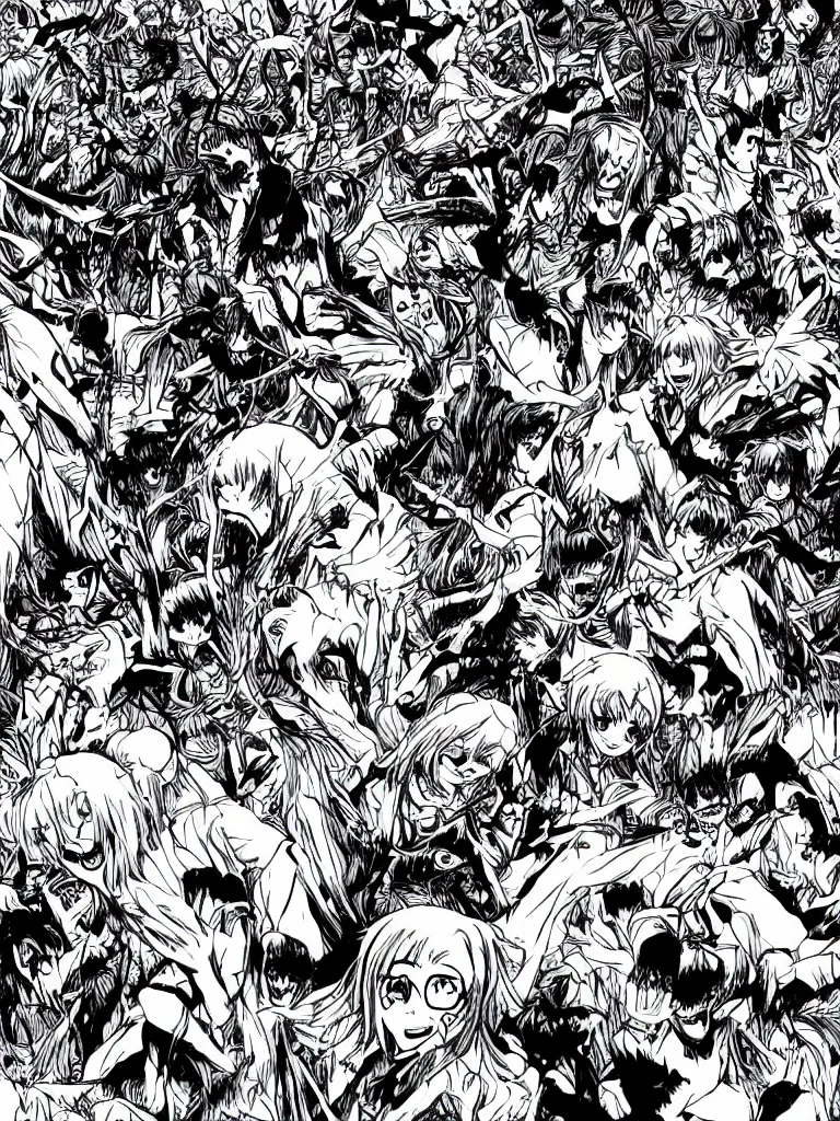 Prompt: field with demons attacking humans, manga