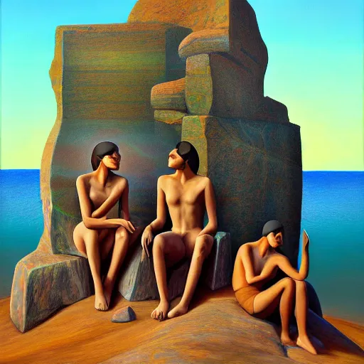 Prompt: a painting of a group of people sitting on rocks, a surrealist painting by abdullah gerguri, cg society, neo - primitivism, fractalism, egyptian art, artstation