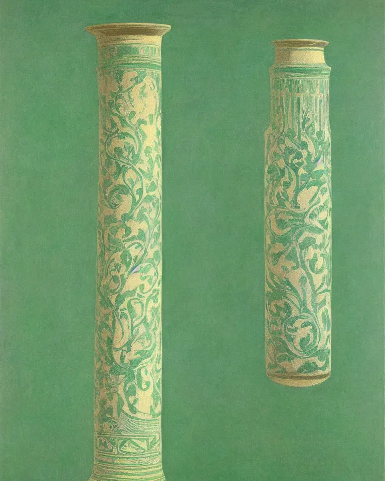 Image similar to achingly beautiful print of intricately painted ancient greek lekythos on a green pastel background by rene magritte, monet, and turner.