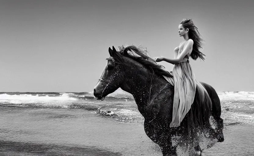 Prompt: an editorial in Vogue of a female model riding a horse along a beautiful beach, long hair and floating dress in the wind, by Peter Lindberg, etheral, dramatic, 8k, ultra detailed digital art