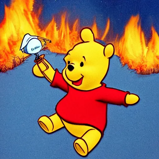 Image similar to winnie the pooh lighting a house on fire, in the style of winnie the pooh