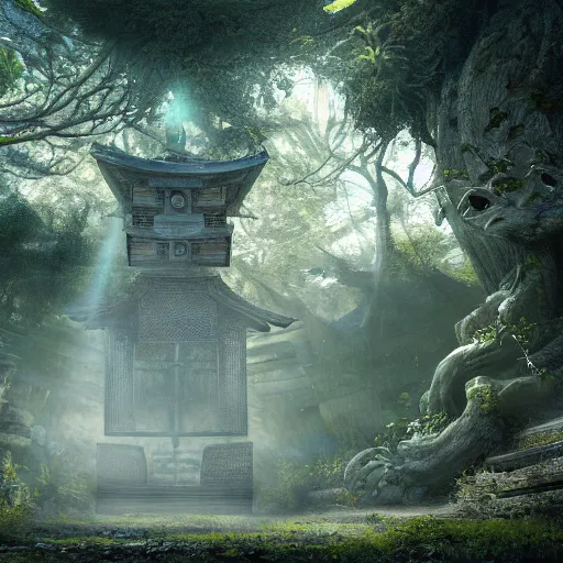 Image similar to a mirrored portrait of a legendary samurai in a mystical overgrown haunted ancient crypt with a gateway to hell in a beautiful forest rays of light 4k digital art unreal engine trending on artstation