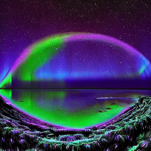 Prompt: Cosmic colorful ultima moongate, epic aura aurora borealis, digital matte black paper art, by Gerald Richter, beautiful epic night fire seascape glitchcore