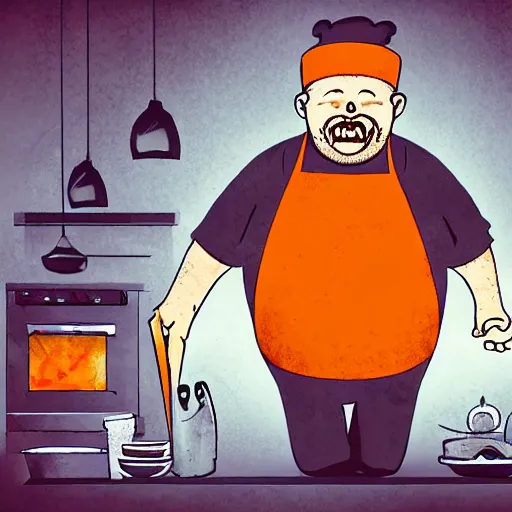 Prompt: scary chef, fat man cooking, bloodstain, concept art