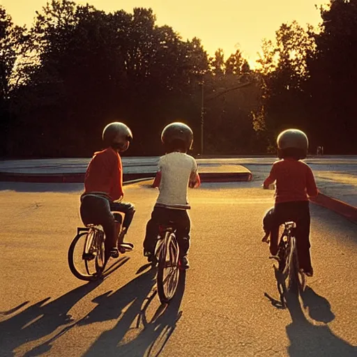 Image similar to kids riding their bikes in the 1 9 8 0 s, long shot, sunset at the golden hour, photoreal, vintage