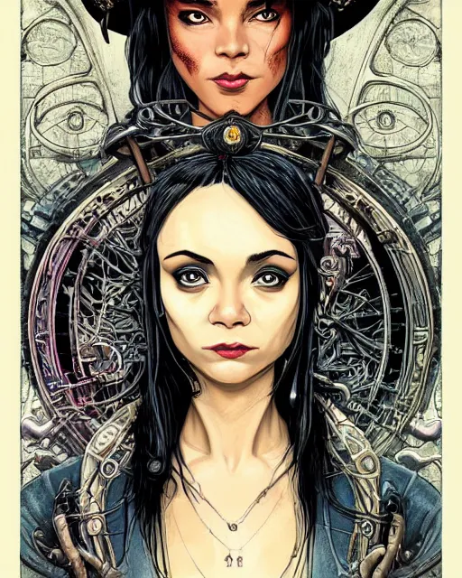 Image similar to a detailed portrait illustration of a steampunk wizard. attractive black asian female face, alluring expression. looks like christina ricci and winona ryder. art nouveau, pop art, comic book style. influenced by neil gaiman, h. p. lovecraft, dan mumford, brian froud, vadim voitekhovitch, killian eng, ross tran.