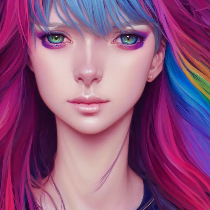 Image similar to portrait of beautiful symmetrical anime girl, rainbow hair, attractive, casual, modern, victoria's secret, highly detailed, digital painting, artstation, concept art, smooth, sharp focus, illustration, art by artgerm, greg rutkowski and alphonse mucha, 8 k,