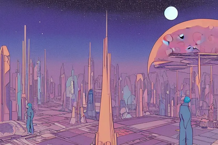 Image similar to a scifi illustration, Galactic City on Coruscant. flat colors, limited palette in FANTASTIC PLANET La planète sauvage animation by René Laloux