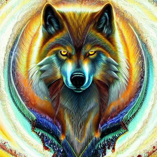 Prompt: spirit wolf by GEOGLYPHIKS by FABIÁN JIMÉNEZ by MICHAEL DIVINE by AMANDA SAGE in the style of oil painting visionary art, intricate oil painting artwork. , trending on artstation, very coherent symmetrical artwork, oil painting