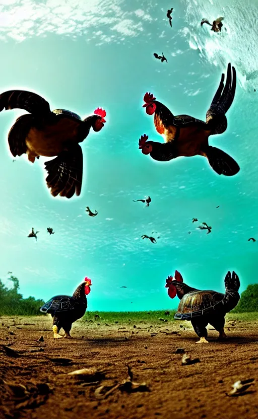 Image similar to chickens battling turtles, wide angle shot by greg rutkowski