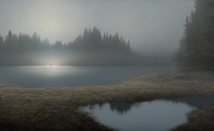 Prompt: a strange lake directed by charlie kaufman ( 2 0 0 1 ) anamorphic lenses, foggy volumetric light before sunrise, cinematic trending on artstation in the style of greg rutkowski