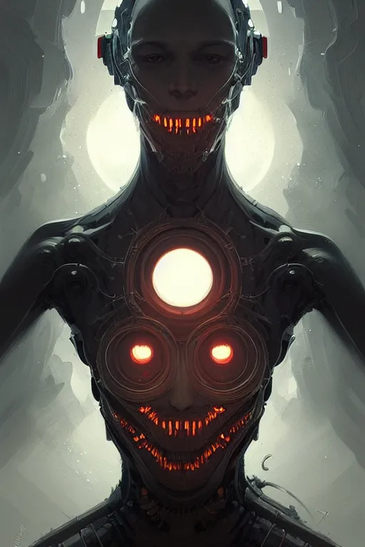 Image similar to professional concept art symmetrical portrait of a ominous floating!! mechanical terrifying!! species thing in a dark room by artgerm and greg rutkowski. an intricate, elegant, highly detailed digital painting, concept art, smooth, sharp focus, illustration, in the style of cam sykes.