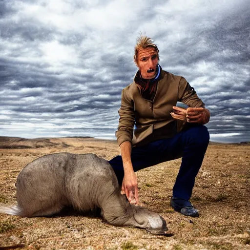 Prompt: Petter Stordalen eating an extinct animal