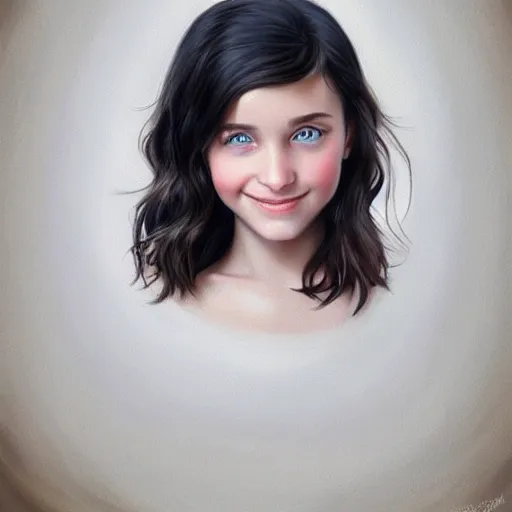 Prompt: full body portrait of a girl with blue eyes, gentle round face, with a bright smile, long dark hair, highly detailed, deep focus, elegant, digital painting, smooth, sharp focus, golden ratio, illustration, ultra realistic, 8 k, art by artgerm and caravaggio