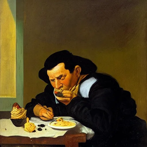 Image similar to a painting of a frustrated painter eating ice cream in diego velazquez style