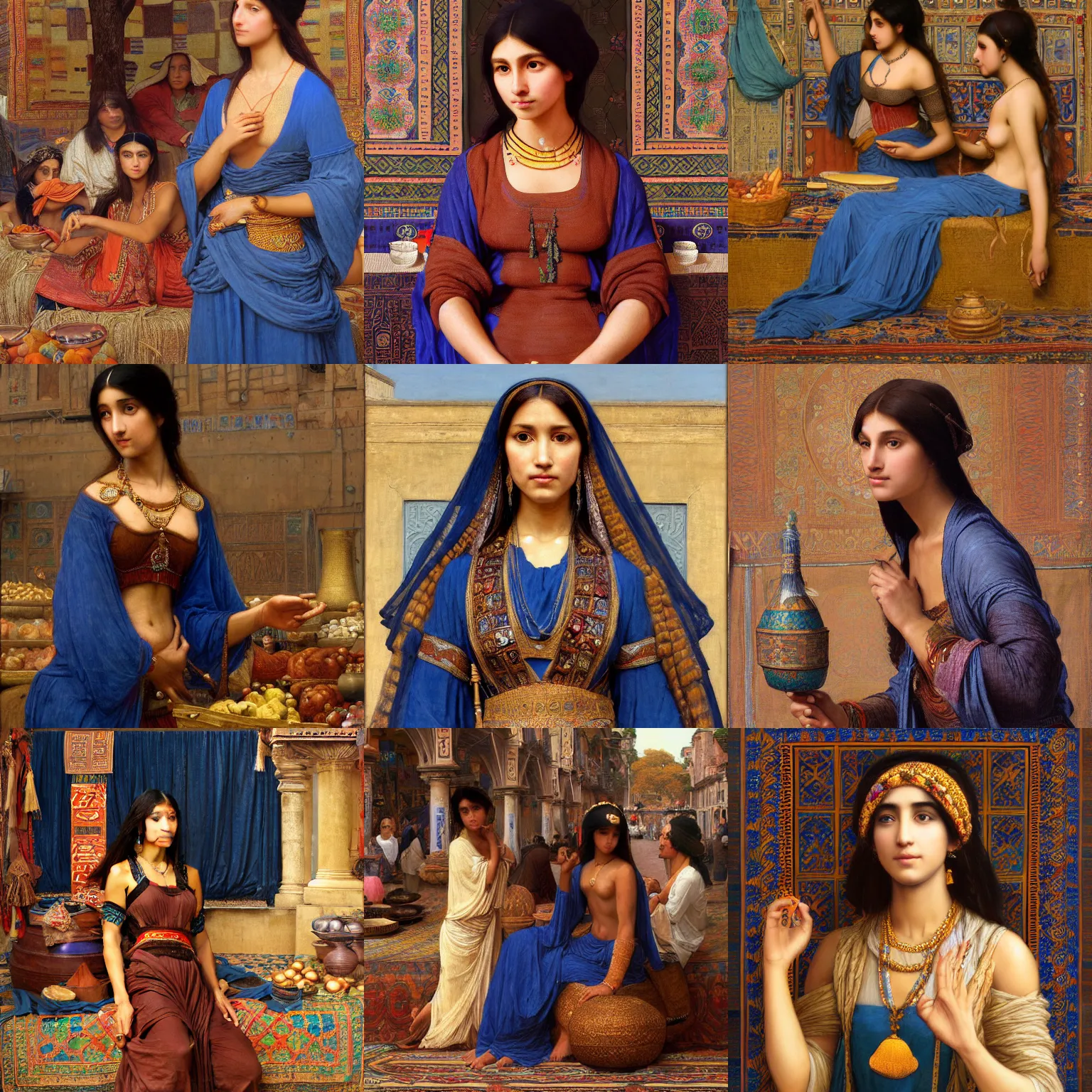 Prompt: orientalist portrait of a tan woman with dark hair wearing a blue dress selling tapestries in a busy marketplace intricate artwork by Fabio Fabbi and john william waterhouse and Edwin Longsden Long and Nasreddine Dinet and Theodore Ralli trending on artstation, very coherent symmetrical artwork high detail 8k