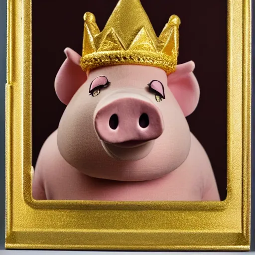 Prompt: studio photograph of a pig depicted as a muppet wearing a gold crown, front view