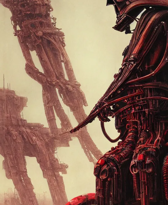 Image similar to a red steampunk darth vader with mechanical tendrils resembling spinal columns extending from his body, by HR Giger and Beksiński and Stephan Martiniere , 4k resolution, detailed, trending on artstation