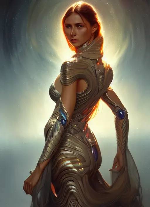 Image similar to futuristic woman portrait, sci-fi, amber eyes, face, long hair, fantasy, intricate, elegant, highly detailed, digital painting, artstation, concept art, smooth, sharp focus, illustration, art by artgerm and greg rutkowski and alphonse mucha