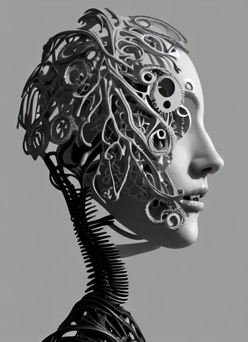 Image similar to monochrome 3 d model, biomechanical young female cyborg with porcelain profile face and a big floral eye, volumetric light, big leaves foliage and stems, hibiscus flowers, boho floral vines, sinuous fine roots, fine foliage lace, alexander mcqueen, rim light, art nouveau fashion pearl embroidered collar, steampunk, octane render, 8 k