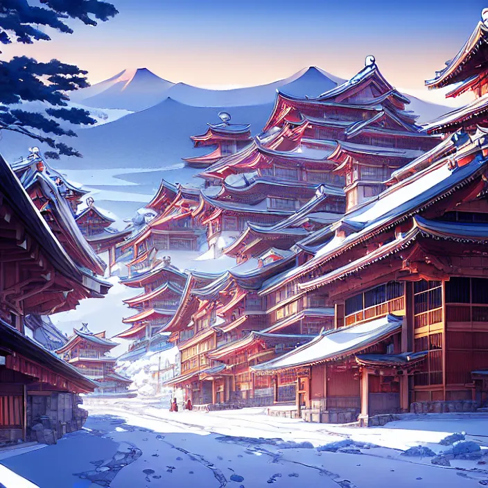 Image similar to empty japanese mountain city, winter, in the style of studio ghibli, j. c. leyendecker, greg rutkowski, artem