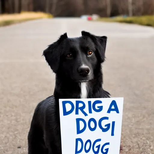 Image similar to professional photo of a dog holding a sign that says dog written on the sign