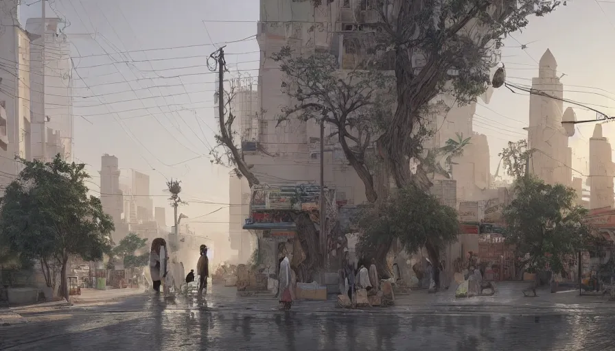 Image similar to jeddah city street, roshan, shops, a bright pharmacy, a nomad wearing a worn out coat, plants, tree, dramatic lighting, sci fi, by caspar david friedrich by james gilleard and justin gerard, centered, artstation, smooth, sharp focus, photoreal octane render, by jean baptiste monge, gustave dore, deviantart