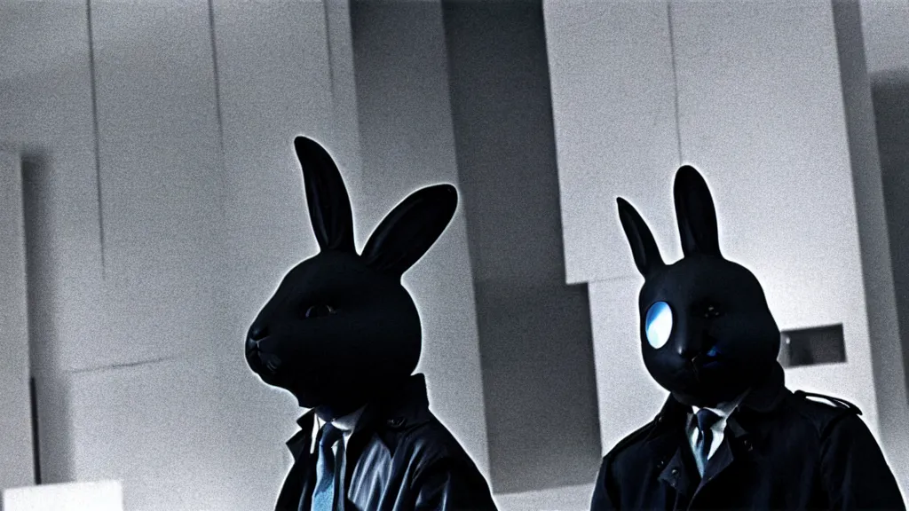 Prompt: a man in a trench coat wearing a black rabbit mask in a luxury mega corporation office , film still from the an anime directed by Katsuhiro Otomo with art direction by Salvador Dalí, wide lens