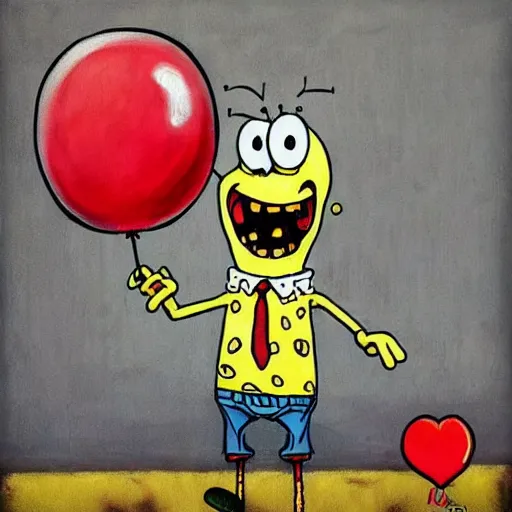 Image similar to grunge painting of spongebob with a wide smile and a red balloon by chris leib, loony toons style, pennywise style, corpse bride style, horror theme, detailed, elegant, intricate