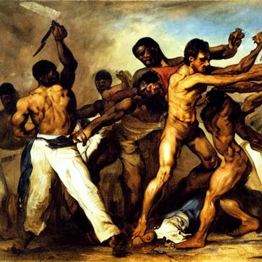 Prompt: Eugène Delacroix painting of black men fighting white men