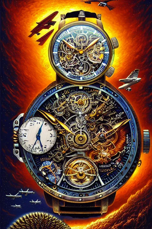 Prompt: intricate aviation chronograph tourbillon clocks james gurney, dan luvisi, Petros Afshar, tim hildebrandt, liam wong, Mark Riddick, thomas kinkade, ernst haeckel, dan mumford, trending on artstation, josephine wall, WLOP, cgsociety by Gediminas Pranckevicius, trending on cgsociety and DeviantArt