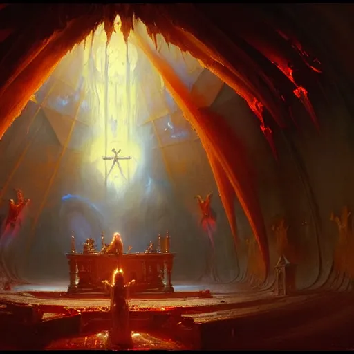 Prompt: a chapel's ceiling is broken in half as a red magical portal from hell opens up there and demons with lucifer start pouring in. highly detailed painting by gaston bussiere, greg rutkowski, craig mullins 8 k