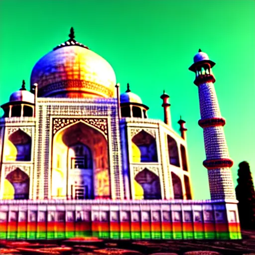 Prompt: taj mahal made of rainbow coloured marble, ultra photorealistic, octane render, vray render, raytraced, 4 k, highly detailed, hyperrealistic, depth of field, cinematic