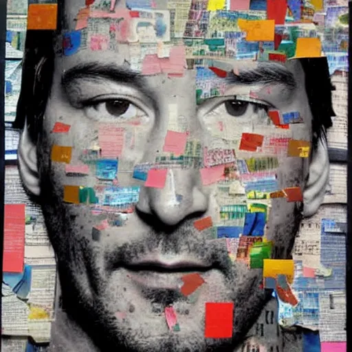 Image similar to portrait of keanu leaves, paper collage, mimmo rotella.